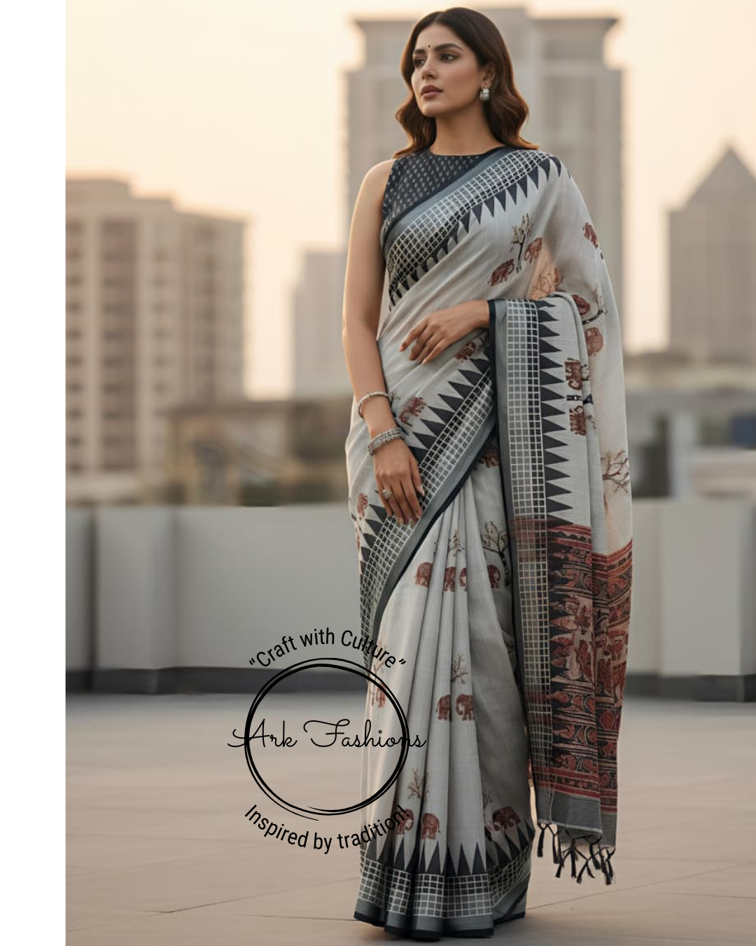 Contemporary Printed Linen Cotton Saree