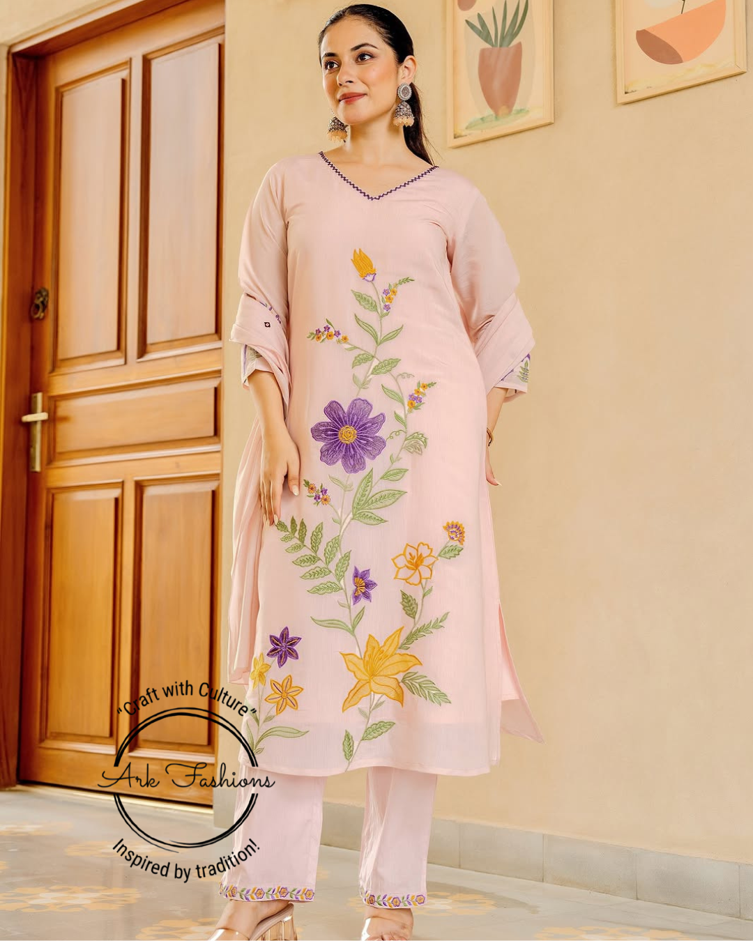 Blush Pink Floral Hand-Embroidered Kurta Set with Dupatta