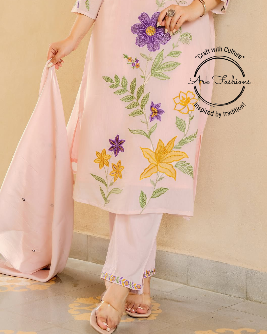 Blush Pink Floral Hand-Embroidered Kurta Set with Dupatta